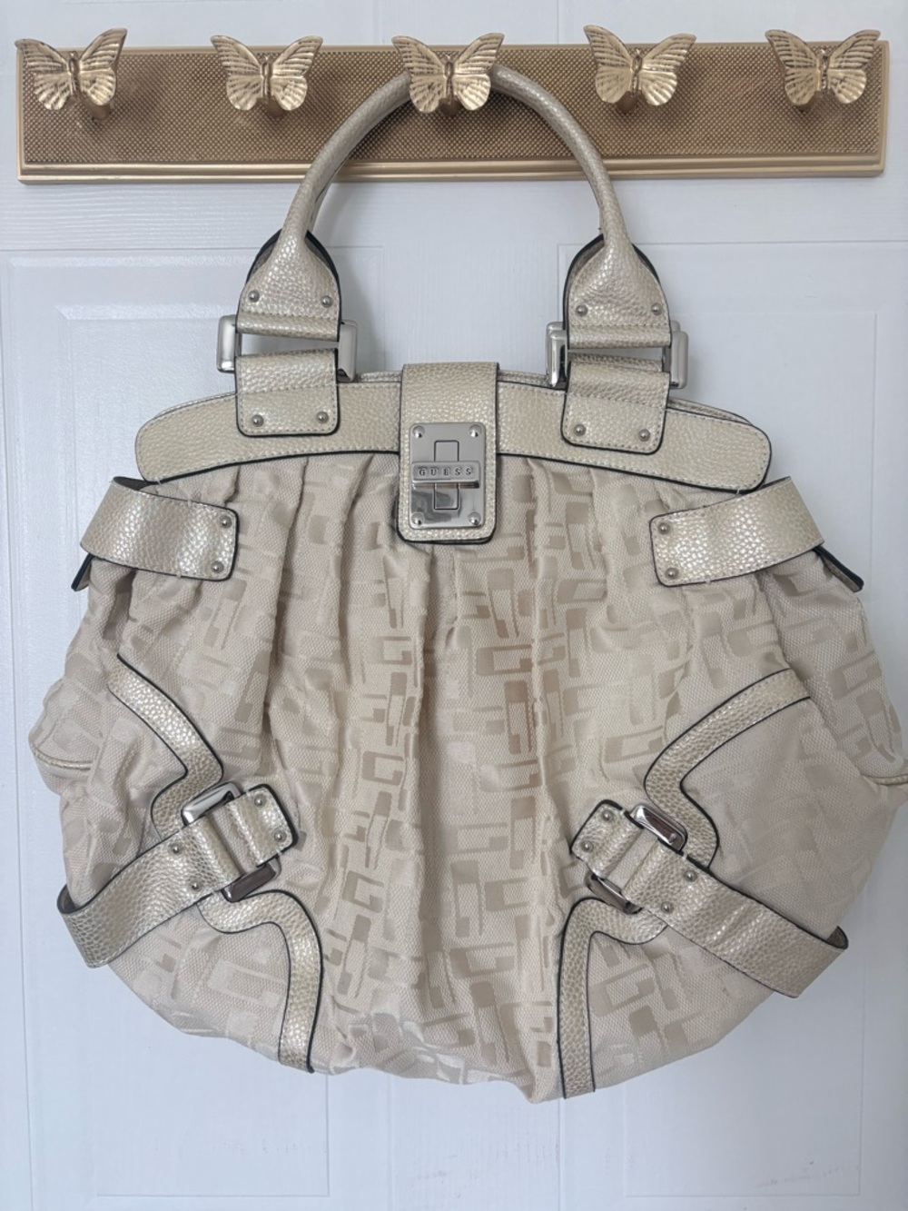 Vintage Guess Cream Textured Tote Handbag with Metallic Accents